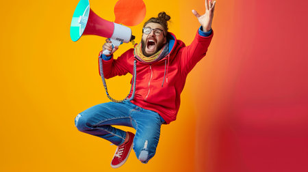 A man energetically jumps in the air while holding a megaphone, creating a dynamic and attention-grabbing scene. This humorous portrait conveys excitement and action.の素材
