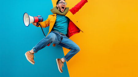 Man jumping energetically in the air while holding a megaphone, creating a lively and attention-grabbing scene.の素材