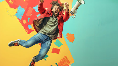 A man energetically jumps in the air while holding a megaphone in a vibrant collage-style image with trendy colors, perfect for advertising.の素材