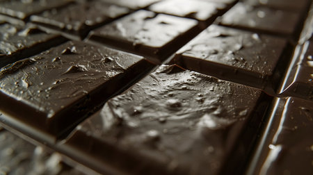 Close-up of a dark chocolate bar with water droplets, showcasing break lines and a smooth, even surface.の素材