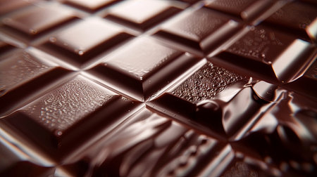 Detailed close-up of a smooth dark chocolate bar with visible break lines and an even surface.の素材