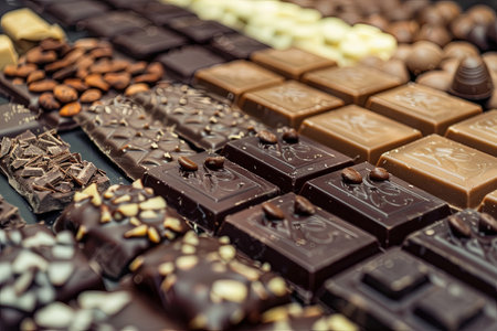 A diverse selection of chocolate bars in various flavors and types, showing rich colors and intricate details.の素材