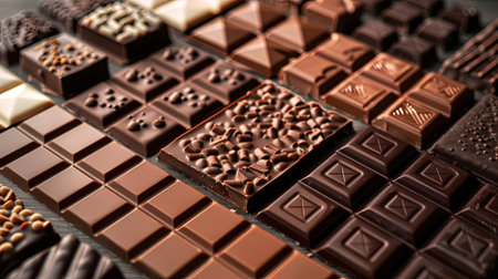 Table covered in various chocolate bars of different flavors and types, neatly arranged with high detail and rich colors.の素材