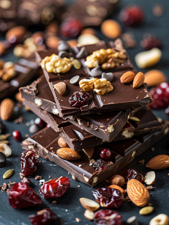 A stack of chocolate bars adorned with nuts and cranberries, showcasing rich textures and a delectable combination.の素材