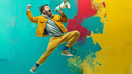A man energetically jumps in the air, holding a megaphone, showcasing a funny and emotional expression.の素材