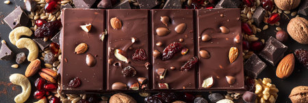 A bar of chocolate topped with a variety of nuts and cranberries, creating a delicious and textured treat.の素材
