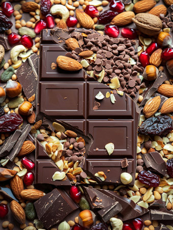 A detailed close-up view of a chocolate bar surrounded by an assortment of nuts, creating a rich and appetizing composition.の素材