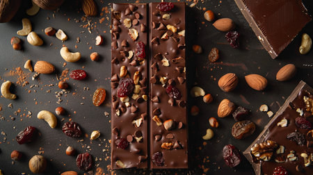 A bar of chocolate topped with crunchy nuts and sweet cranberries, a delicious and appealing treat.の素材