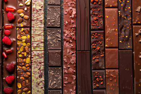 A line-up of decadent chocolate bars showcasing a variety of flavors and toppings, neatly presented for indulgence.の素材