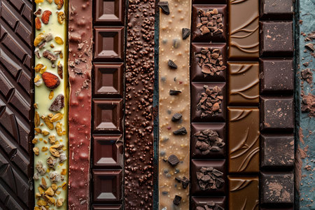 Various types of chocolate bars, arranged neatly in a row, showing a variety of flavors and types.の素材