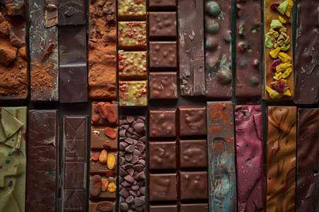 A variety of chocolate bars in different flavors and types neatly arranged, showing rich colors and high detail.の素材