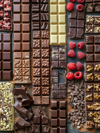 Various types of chocolates with raspberries and nuts elegantly arranged.の素材