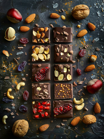 A chocolate bar packed with nuts, cranberries, and almonds for a delicious and crunchy treat.の素材