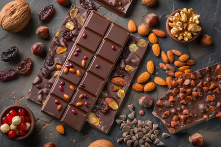 Various nuts, chocolates, and dried fruits arranged on a table, showing rich textures and appetizing treats.の素材
