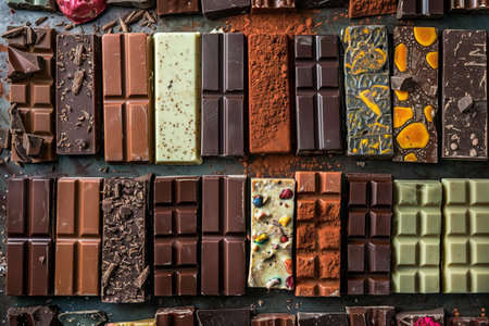 Various chocolate bars of different flavors and types neatly arranged on a table.の素材
