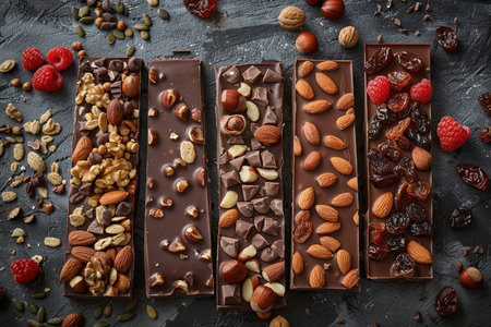 A display of chocolate bars topped with nuts and cranberries for a delicious and textured treat.の素材
