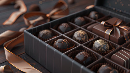 A luxurious box of chocolate truffles adorned with a ribbon, featuring rich dark colors and exquisite detail.の素材