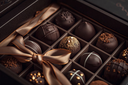 Elegant box of assorted chocolates with a bow, high detail and luxurious presentation, featuring chocolate truffles in rich dark colors.の素材