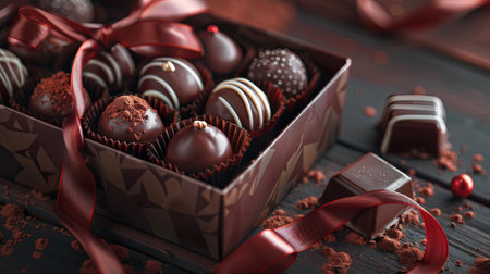Elegant box of chocolate truffles with a red ribbon tied around it, showcasing high detail and luxurious presentation in rich dark colors.の素材