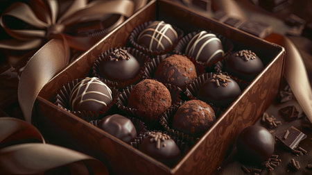 A high-detail, elegant wooden box filled with luxurious chocolate truffles on a table, decorated with ribbons.の素材