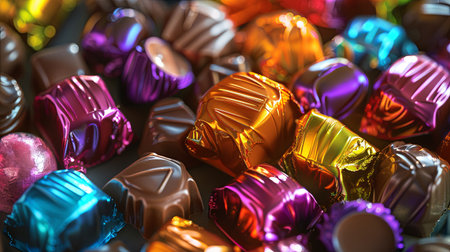 A pile of assorted chocolates in colorful shiny wrappers stacked on top of each other.の素材