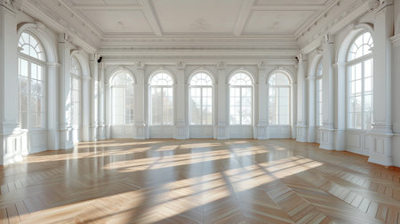 Vintage-style banquet hall with parquet floors and expansive windows.の素材