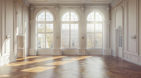 Spacious room with vintage charm, wooden floors, and expansive windows letting in natural light.の素材