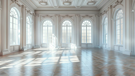Large vintage-style room with a parquet floor and multiple windows providing ample natural light.の素材