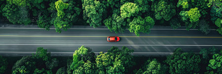 A red car is seen driving down a road surrounded by dense trees in a forest.の素材