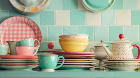 A table is covered with an assortment of plates and cups, creating a retro display against a vintage kitchen backdrop.の素材