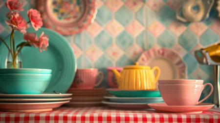 Table set with retro dishes topped with plates and cups filled with flowers against a vintage kitchen backdrop.の素材
