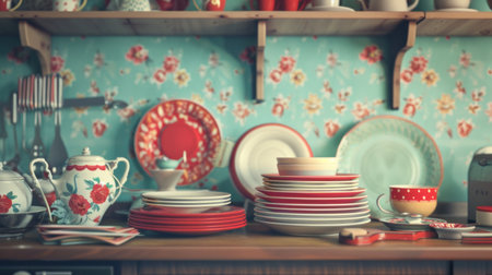 A shelf filled with an assortment of plates and cups in a vintage kitchen setting.の素材