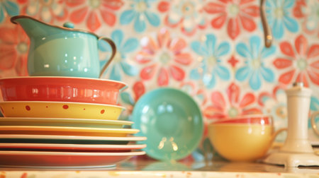 A stack of various colorful dishes neatly arranged on a kitchen counter.の素材
