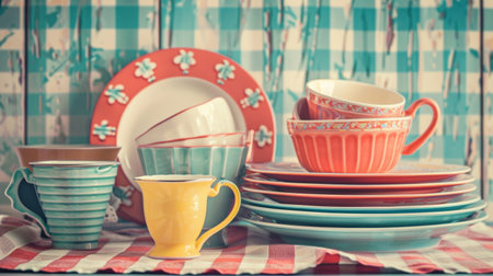 A collection of plates and cups arranged neatly on a table against a vintage kitchen backdrop.の素材