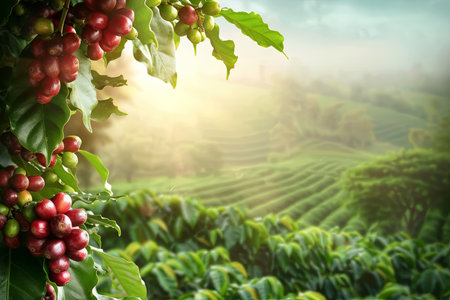 A cluster of coffee beans attached to branches against a plantation backdrop.の素材