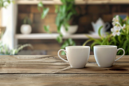 Two white cups filled with coffee sitting on a wooden table.の素材