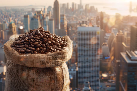 A sack of coffee beans placed on the rooftop of a city building with an urban skyline in the background.の素材