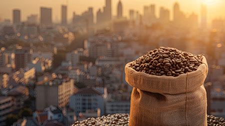 A sack of coffee beans rests atop a building in the city, blending coffee culture with an urban backdrop.の素材