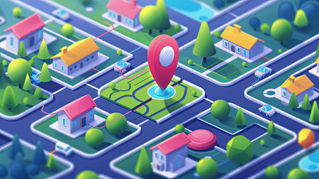 A map with a red marker placed on top, indicating a specific location for navigation purposes.の素材