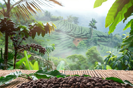 A collection of coffee beans stacked on a wooden table.の素材