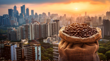 A sack of coffee beans placed in front of a city skyline, showing the blend of urban life with coffee culture.の素材