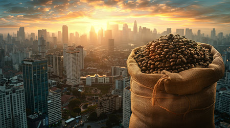 A sack full of coffee beans placed on a building rooftop overlooking the cityscape, symbolizing urban coffee culture.の素材