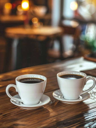 Two cups of coffee placed on a wooden tableの素材
