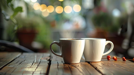 Two cups of coffee placed on a wooden table.の素材