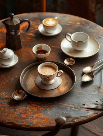A wooden table is displayed with cups and saucers arranged neatly.の素材