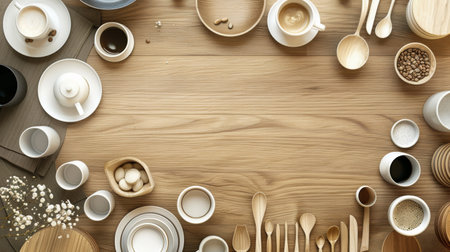 A wooden table topped with numerous white dishes including plates, bowls, and cups, perfect for showcasing coffee shop or cafe products.の素材