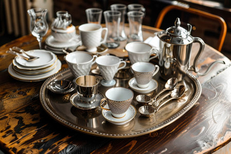 A silver tray holding numerous cups and saucers.の素材