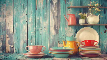 A table topped with numerous plates and cups against a vintage kitchen backdrop.の素材