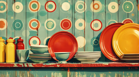 A table is covered with multiple plates and bowls, creating a display of retro dishware in a vintage kitchen setting.の素材