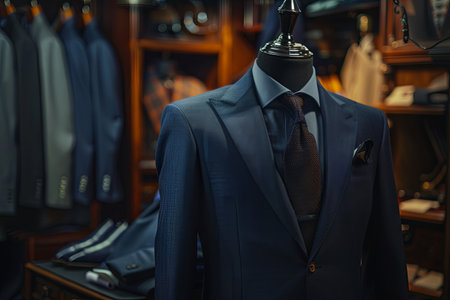 A dark navy blue suit and tie displayed on a mannequin in a tailoring room.の素材